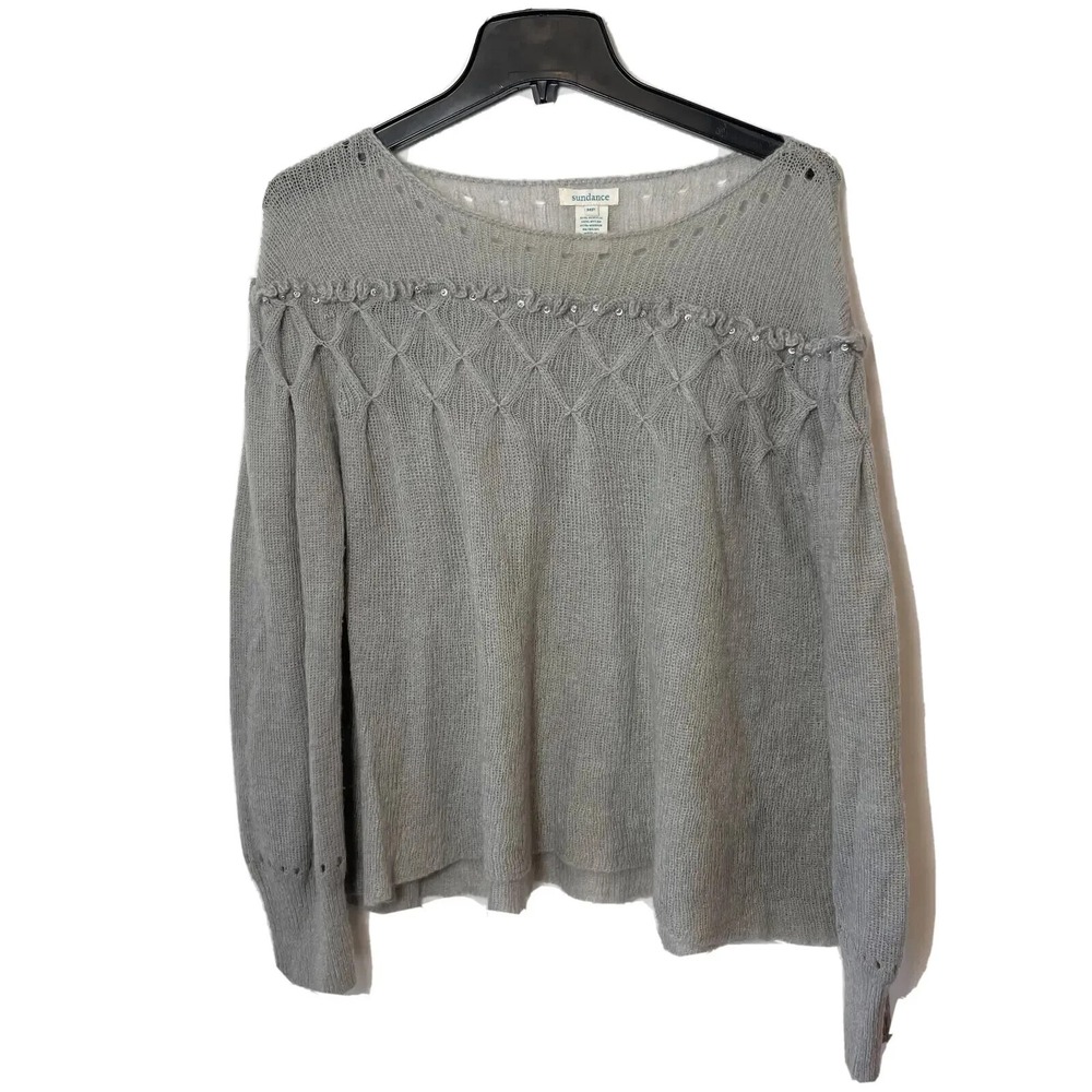 Sundance Long Sleeve Pullover Sweater Womens PM Gray Mohair Sequins Soft Knit